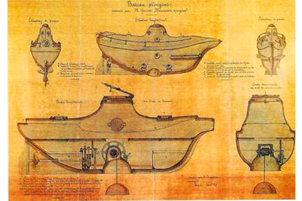 Bocetos del primer submarino probado en el puerto de Alicante en el s.XIX