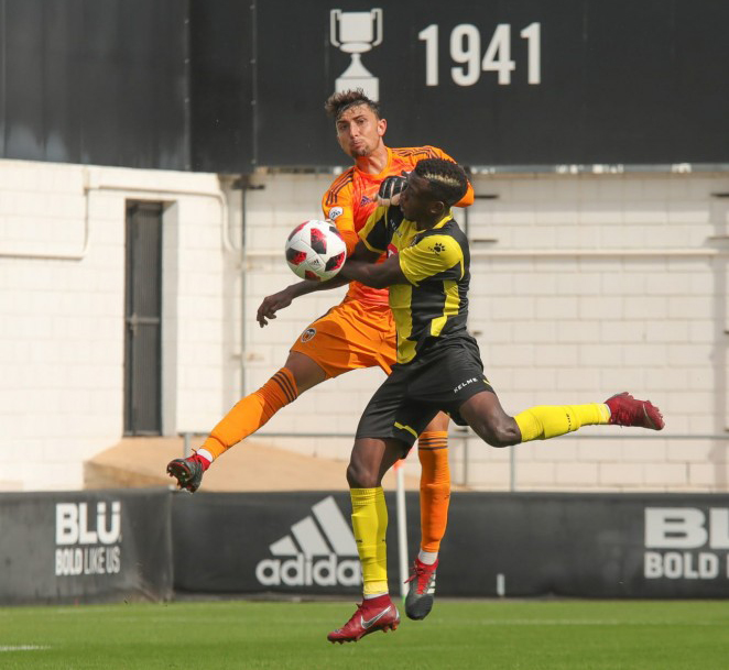 Momento del partido disputado entre los equipos de Valencia Mestalla y Hércules CF. FOTO: Hércules CF