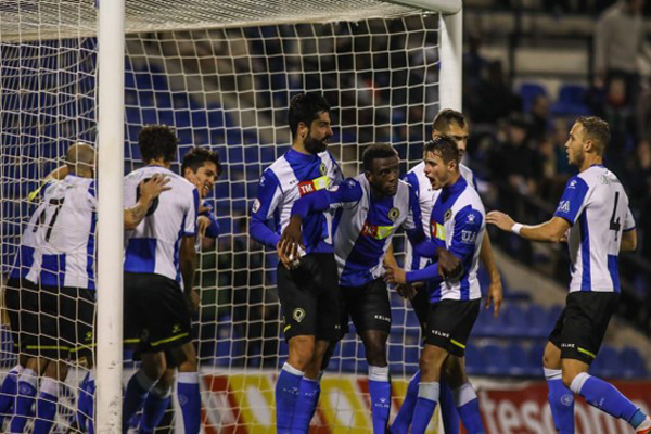 Momento de celebración tras un gol del Hércules CF contra el Villareal B en el estadio Rico Pérez de Alicante. Foto: Hércules CF